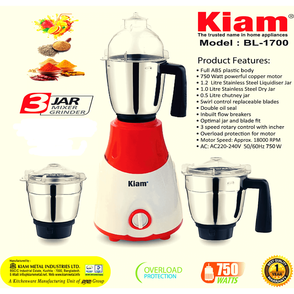 Kiam Mixer Grinder 750 Watt 1.5 Liter BL1700 Products in BD